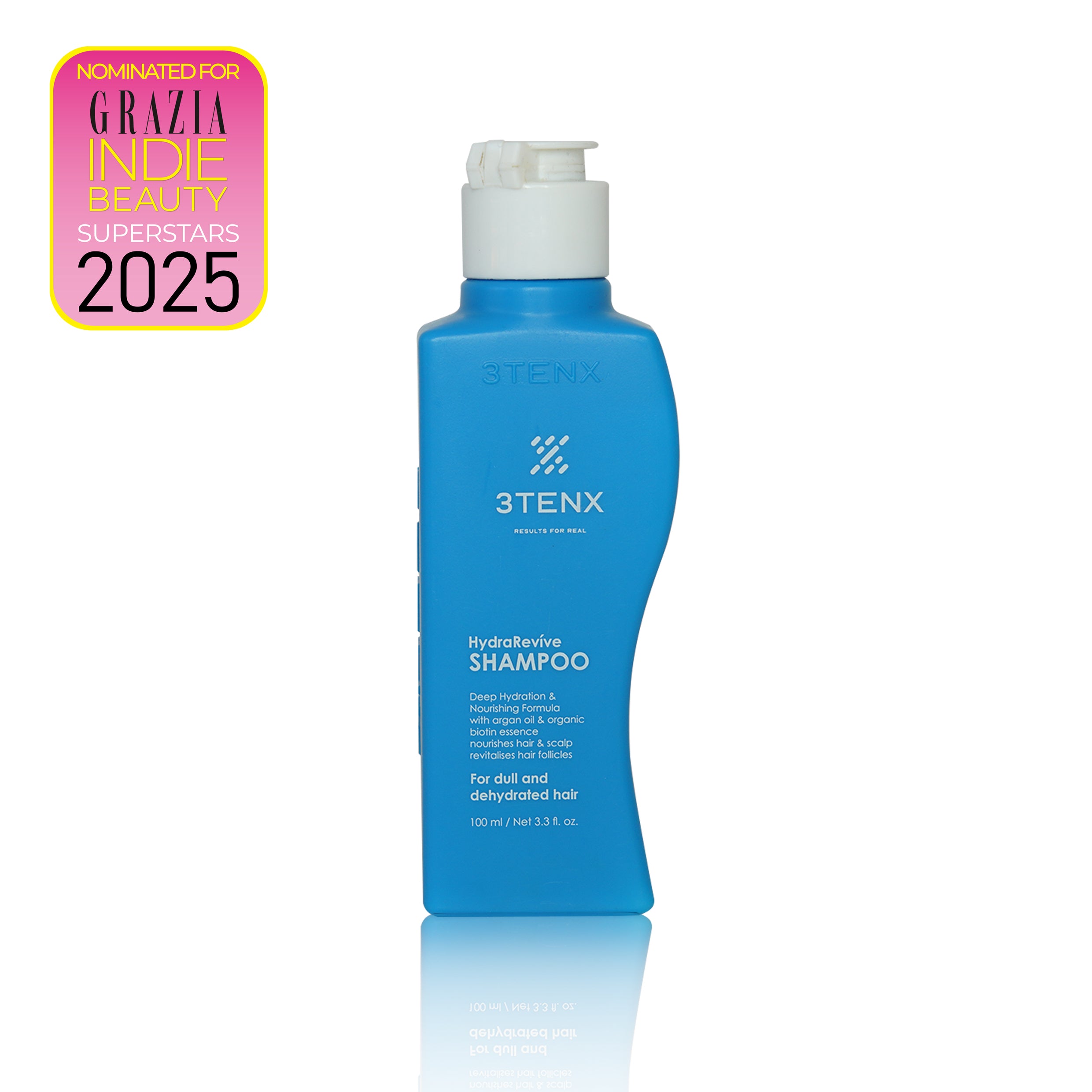 100ml bottle of the 3TENX HydraRevive Shampoo, a restorative, hydration-boosting shampoo in a sleek bottle, formulated to revive dull, dehydrated hair and nominated for Grazia Indie Beauty Superstars 2025.